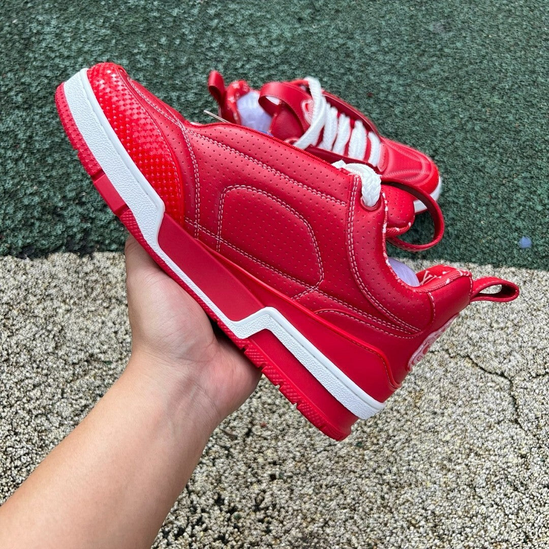 Louis Vuitton LV Trainer Sneaker Red Metallic Monogram Flower