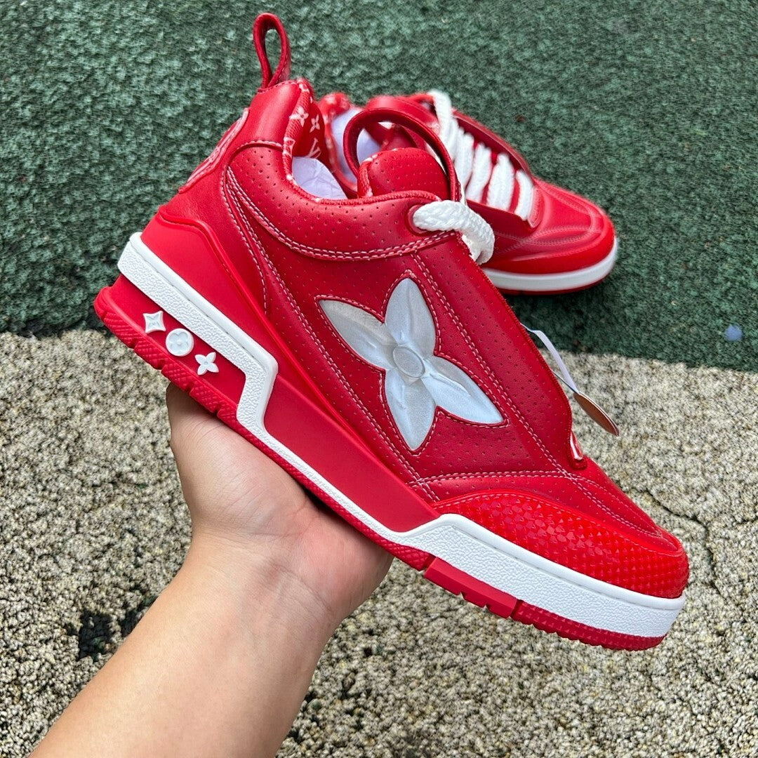 Louis Vuitton LV Trainer Sneaker Red Metallic Monogram Flower