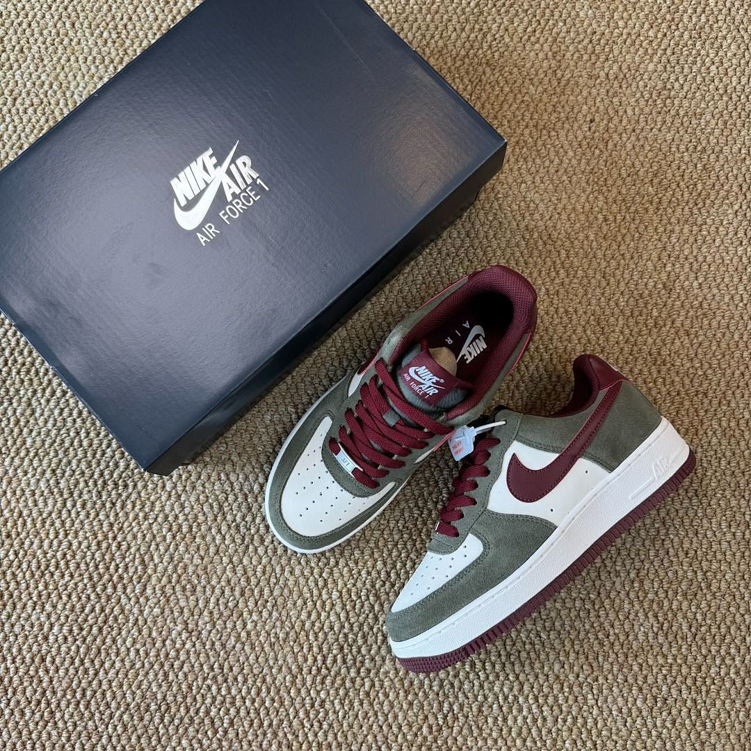 Nike Air Force 1 Low Olive Green Suede White Burgundy