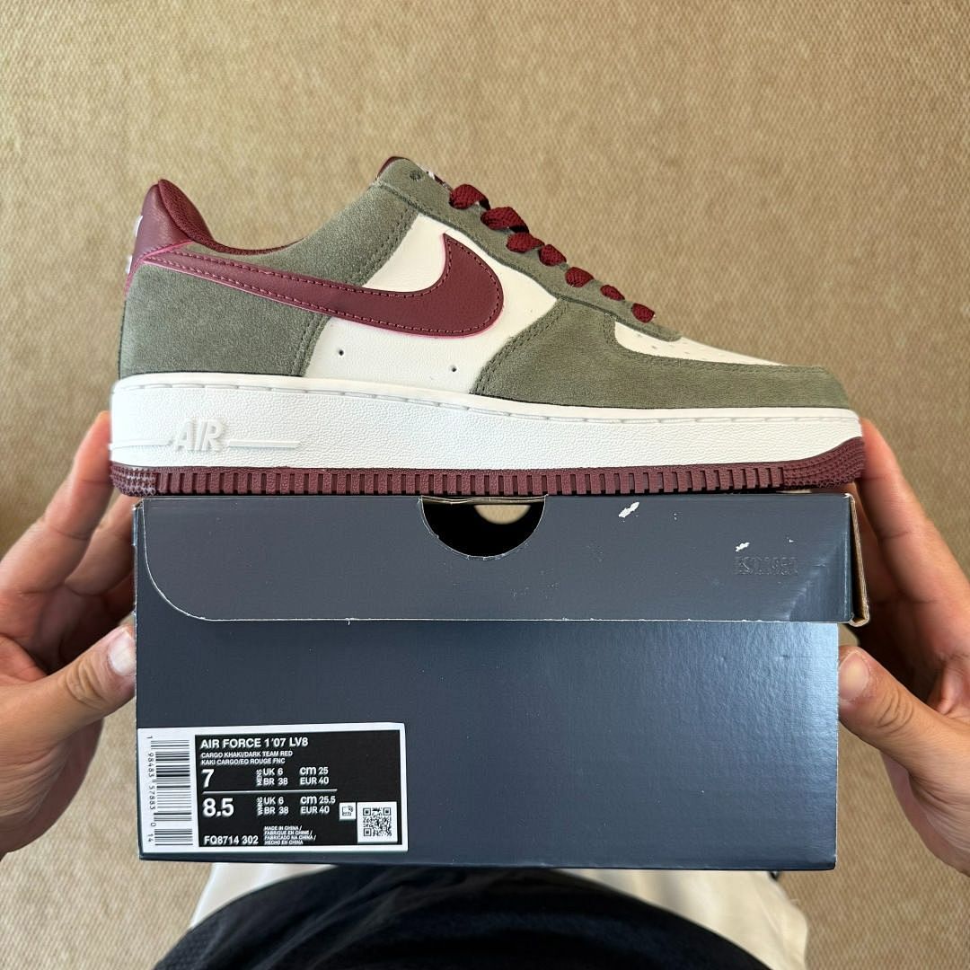 Nike Air Force 1 Low Olive Green Suede White Burgundy