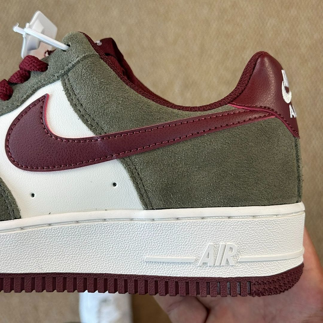 Nike Air Force 1 Low Olive Green Suede White Burgundy