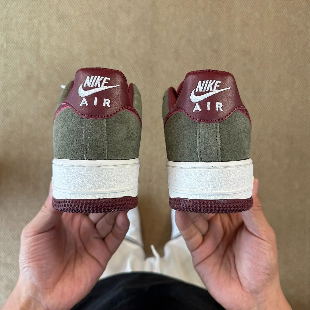 Nike Air Force 1 Low Olive Green Suede White Burgundy