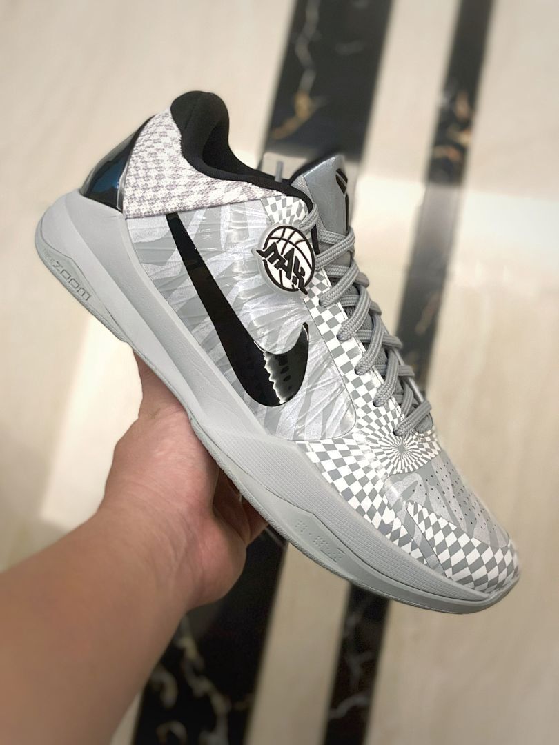 Nike Kobe 5 Protro Grey White Checkerboard Radial Swirl Pattern