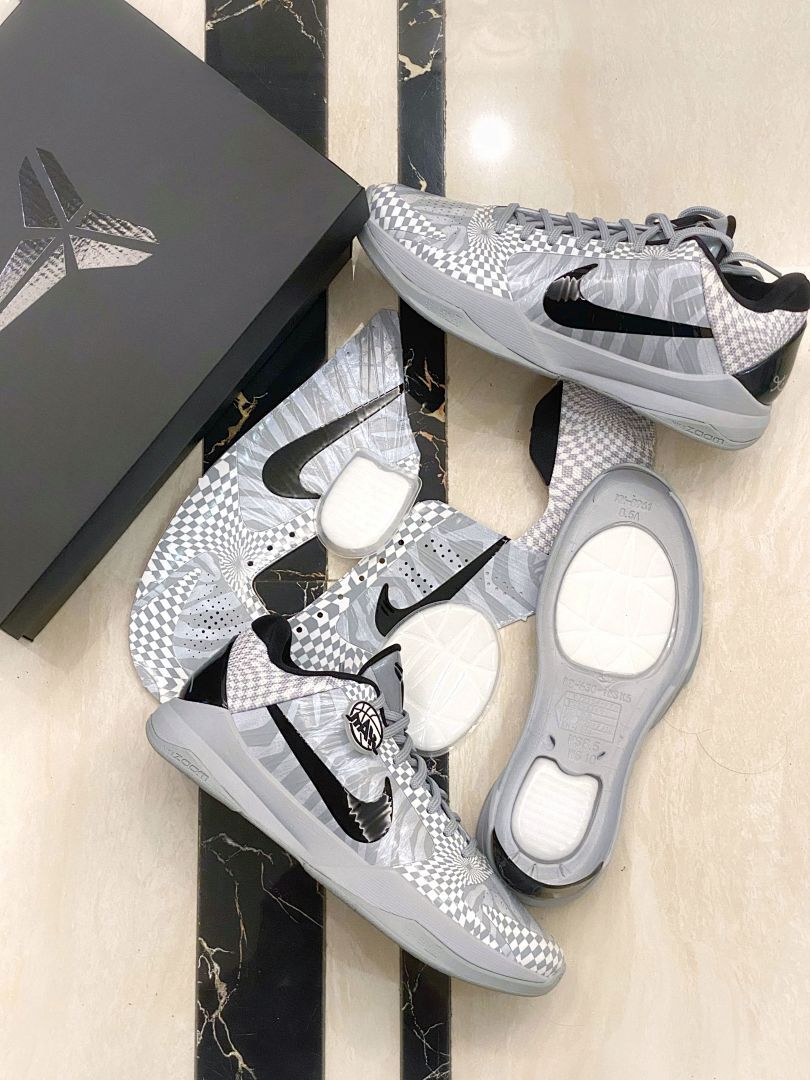 Nike Kobe 5 Protro Grey White Checkerboard Radial Swirl Pattern