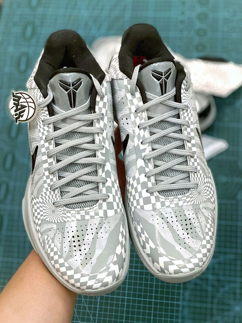 Nike Kobe 5 Protro Grey White Checkerboard Radial Swirl Pattern