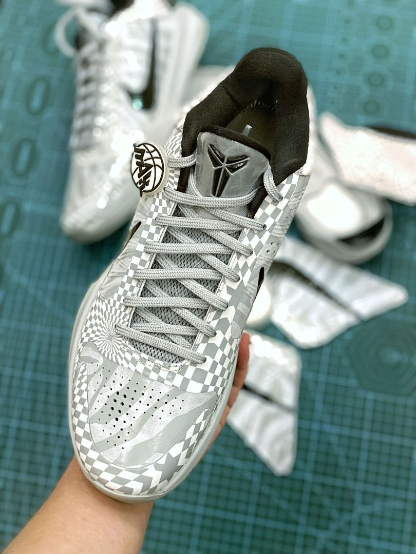 Nike Kobe 5 Protro Grey White Checkerboard Radial Swirl Pattern