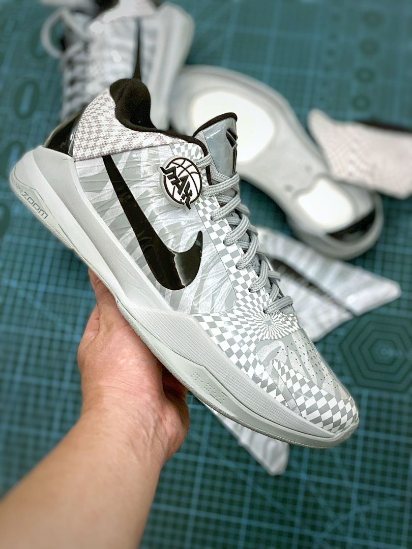 Nike Kobe 5 Protro Grey White Checkerboard Radial Swirl Pattern