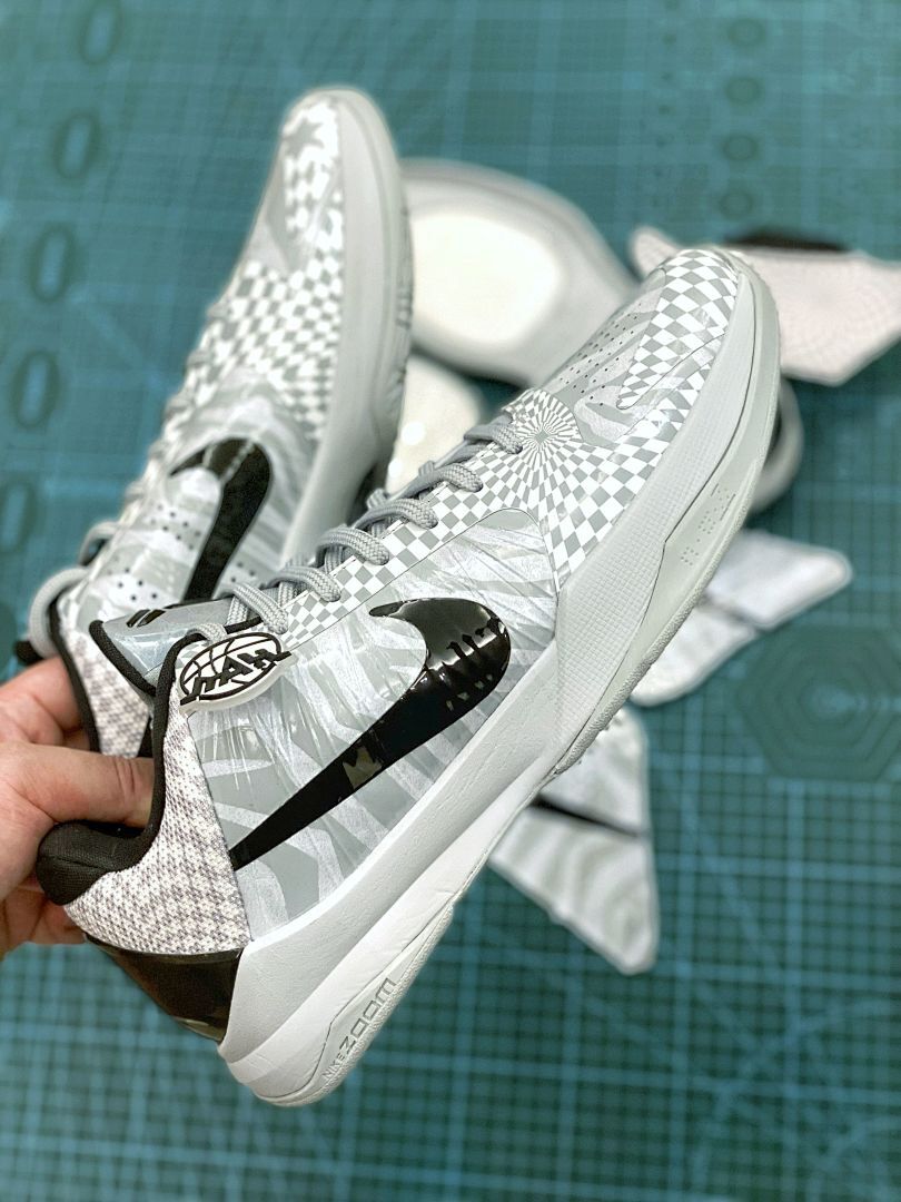Nike Kobe 5 Protro Grey White Checkerboard Radial Swirl Pattern