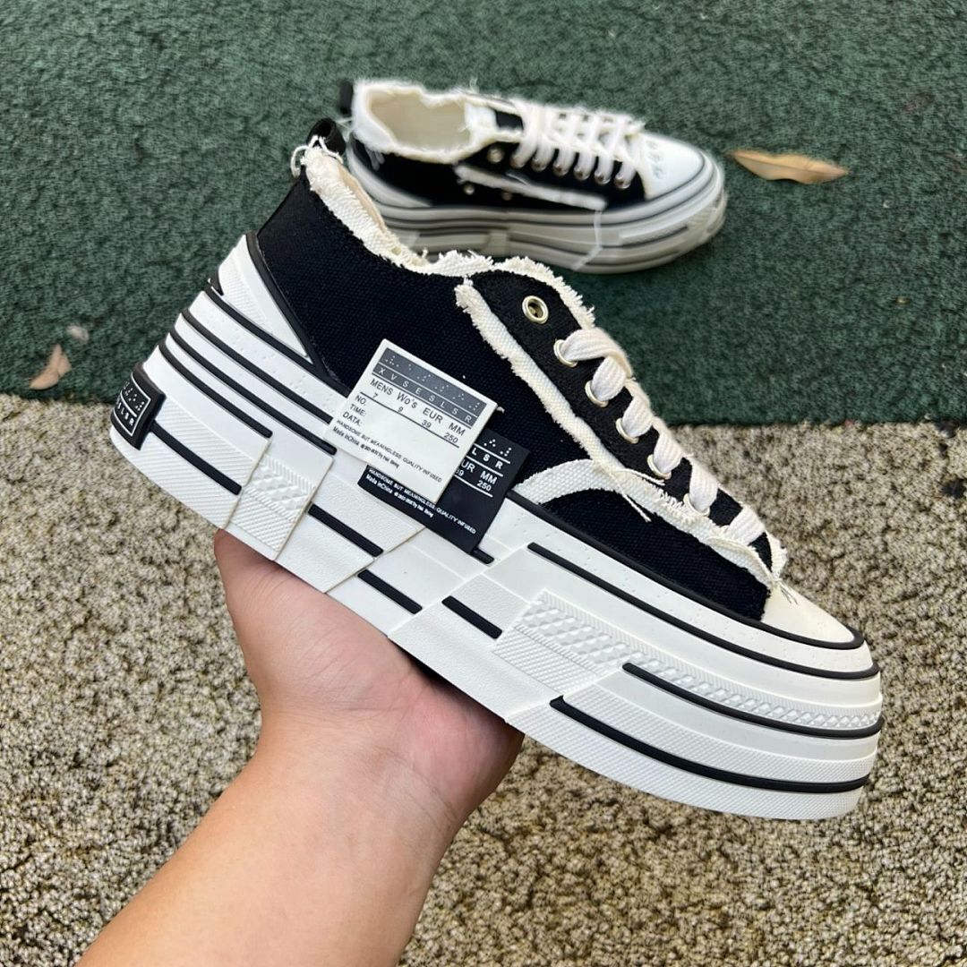 XVS XVSESLSR Platform Deconstructed Raw Edge Black Canvas Low Top Sneakers