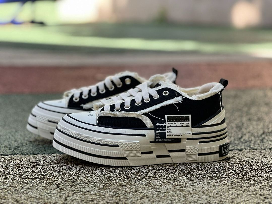 XVS XVSESLSR Platform Deconstructed Raw Edge Black Canvas Low Top Sneakers