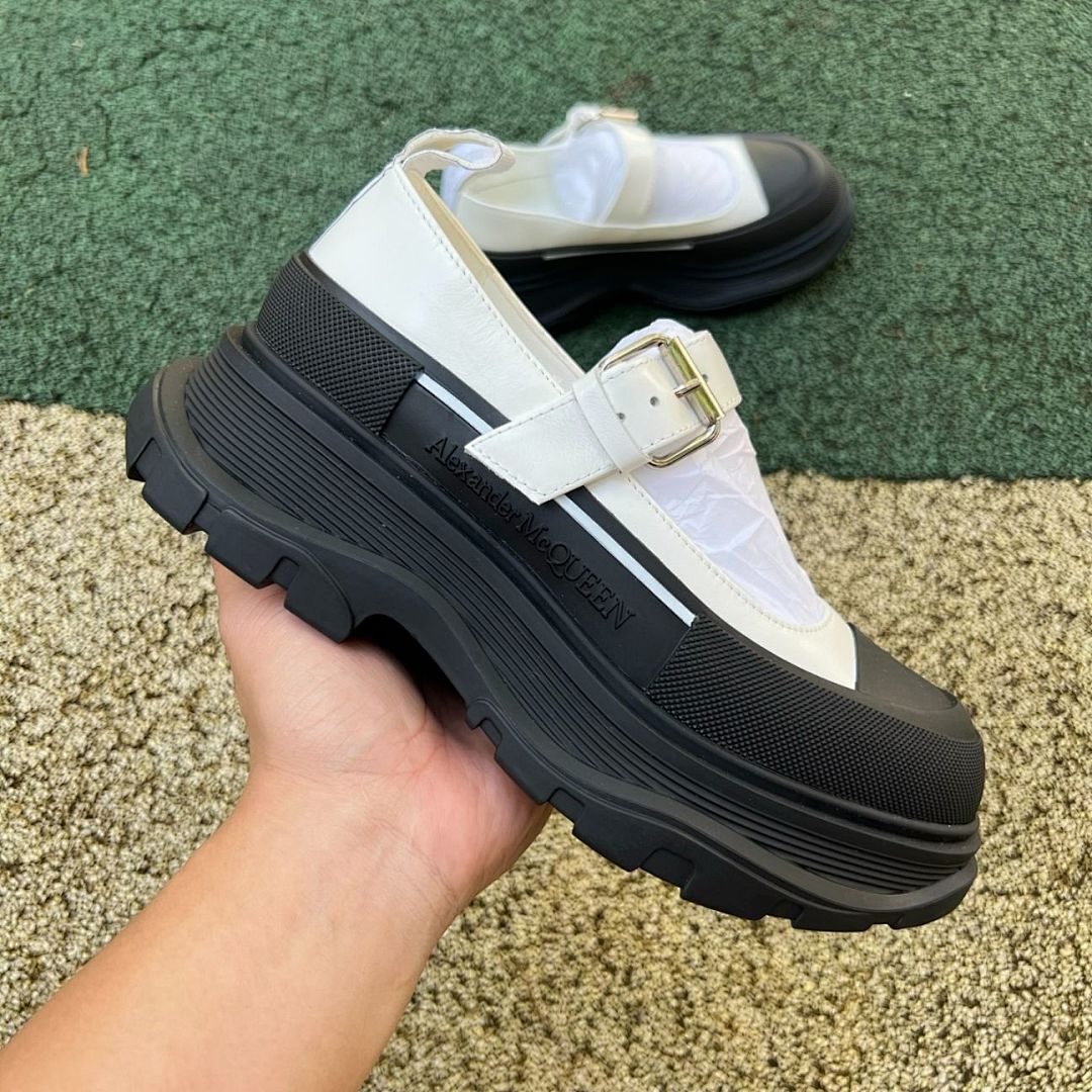 Alexander McQueen Tread Slick Hybrid Mary Jane Flat Shoes White Black