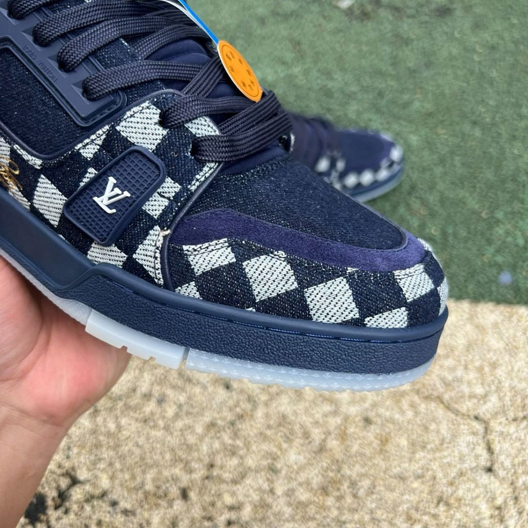 Louis Vuitton LV Trainer Sneaker Damier Denim Bleu with Gold Signature 1A9Z0Y
