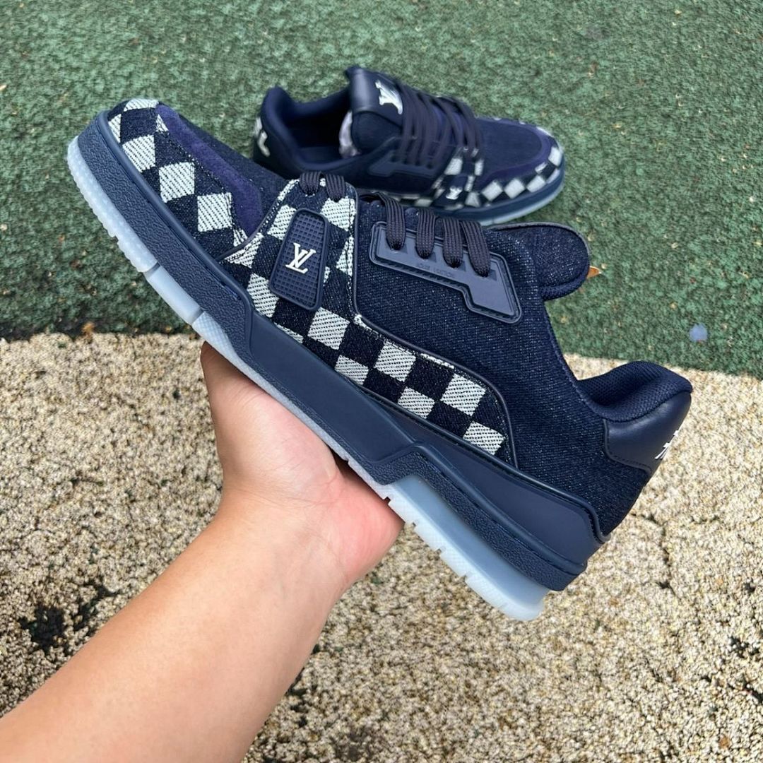 Louis Vuitton LV Trainer Sneaker Damier Denim Bleu with Gold Signature 1A9Z0Y