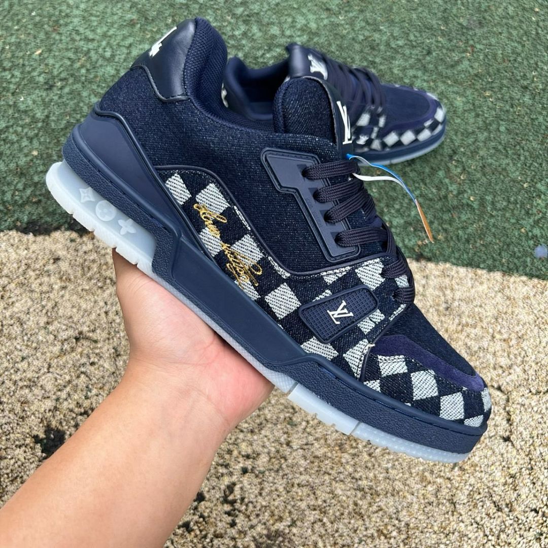 Louis Vuitton LV Trainer Sneaker Damier Denim Bleu with Gold Signature 1A9Z0Y