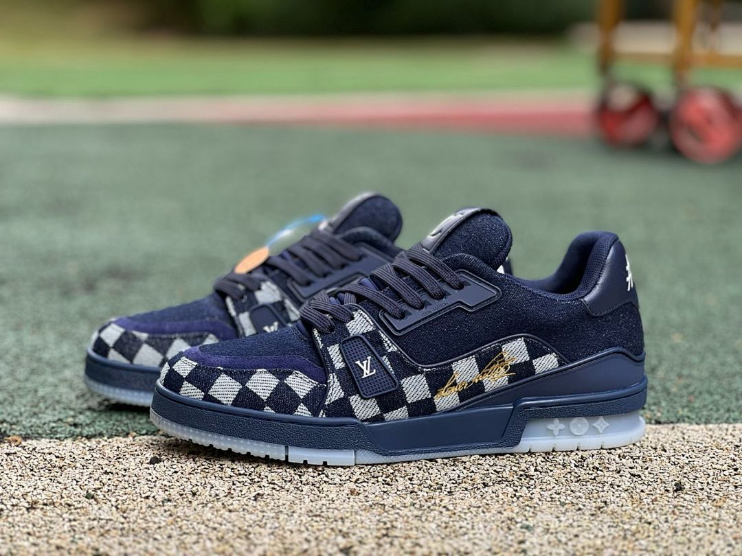 Louis Vuitton LV Trainer Sneaker Damier Denim Bleu with Gold Signature 1A9Z0Y