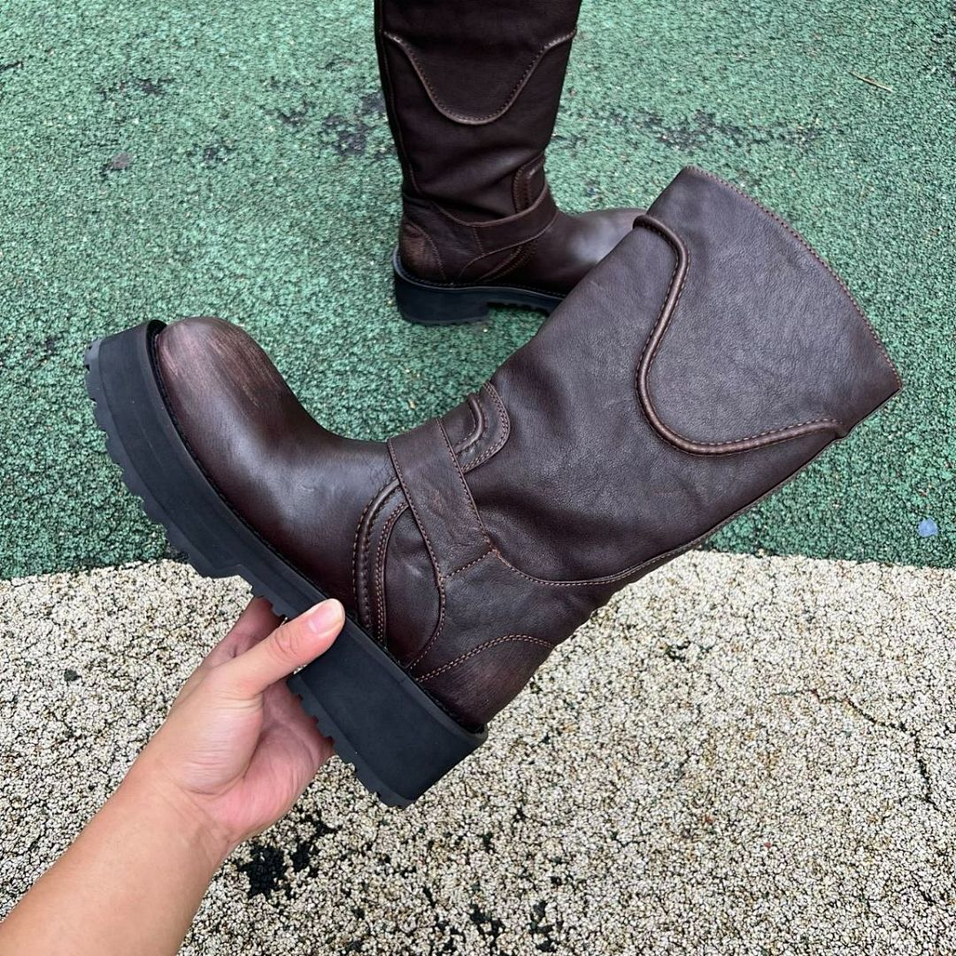 Balenciaga Leather Biker Boots 10 AV George V Paris Address Dark Brown