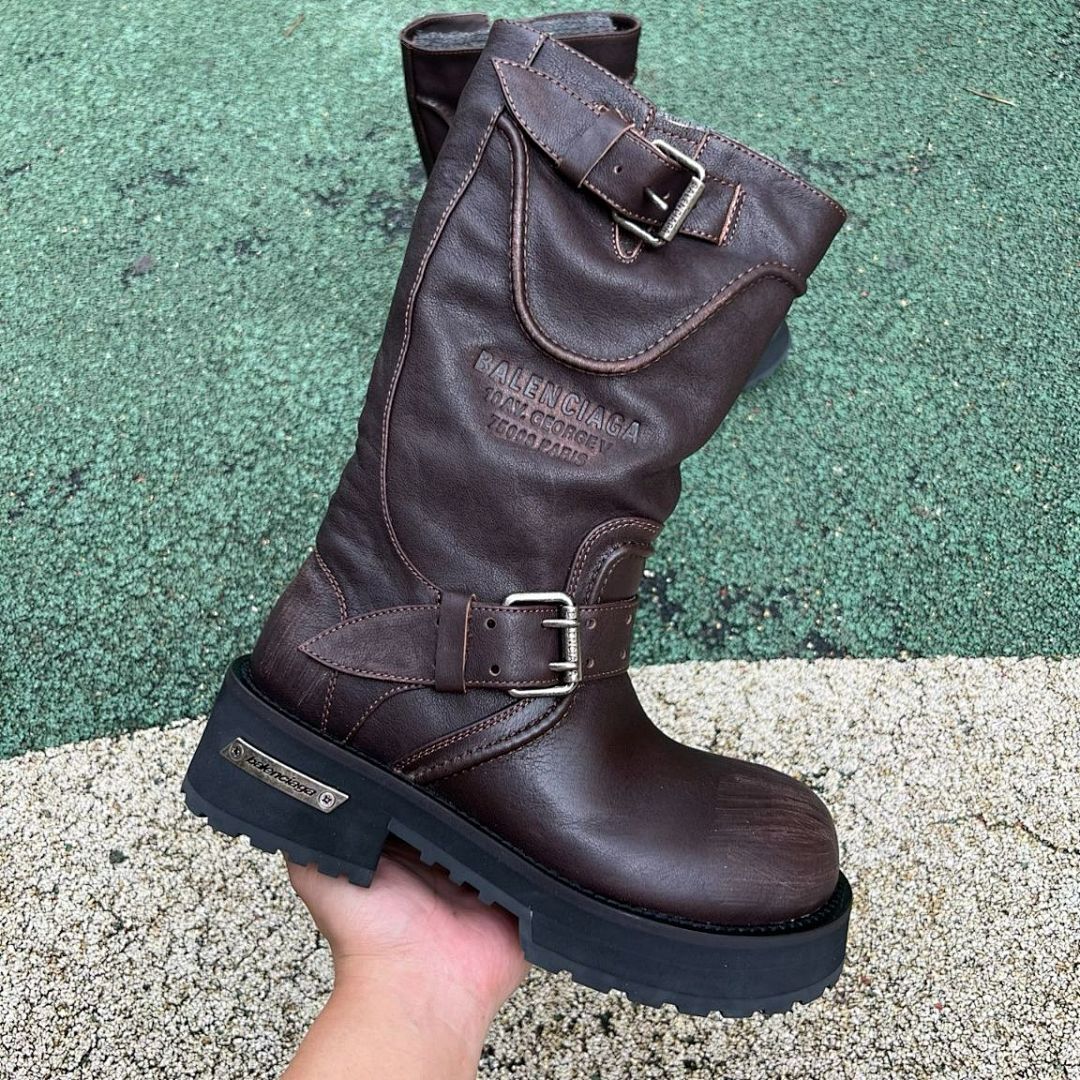 Balenciaga Leather Biker Boots 10 AV George V Paris Address Dark Brown