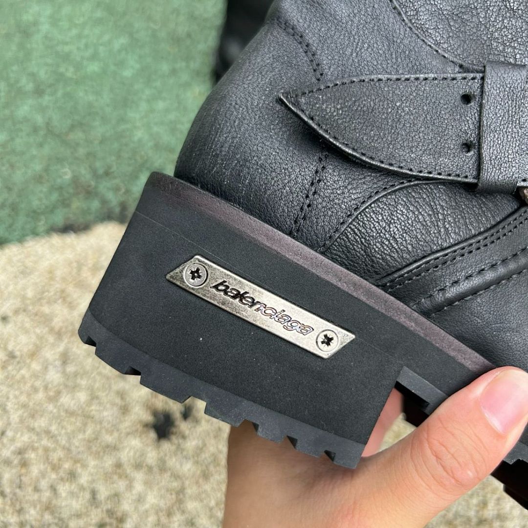 Balenciaga Black Leather Trooper Biker Boots with Embossed 10 AV. GEORGE V Paris Address