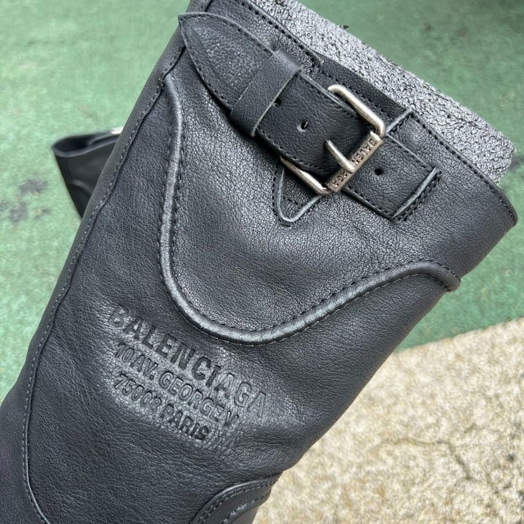Balenciaga Black Leather Trooper Biker Boots with Embossed 10 AV. GEORGE V Paris Address