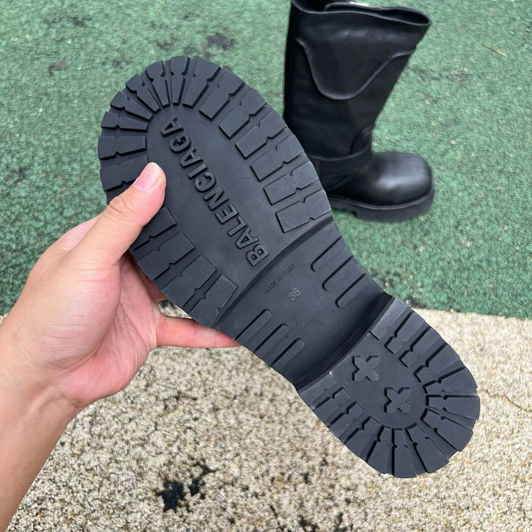 Balenciaga Black Leather Trooper Biker Boots with Embossed 10 AV. GEORGE V Paris Address