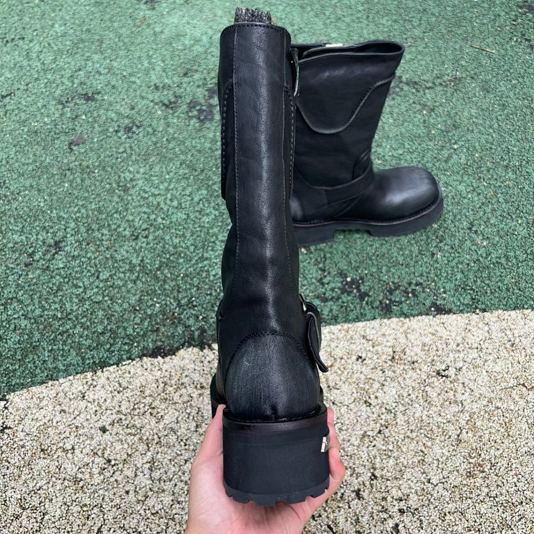 Balenciaga Black Leather Trooper Biker Boots with Embossed 10 AV. GEORGE V Paris Address