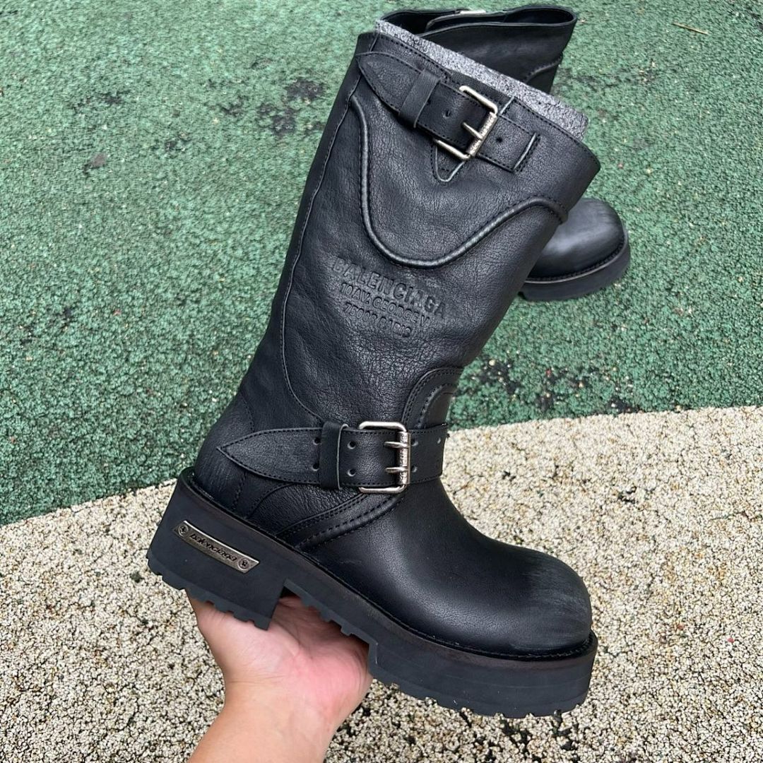 Balenciaga Black Leather Trooper Biker Boots with Embossed 10 AV. GEORGE V Paris Address