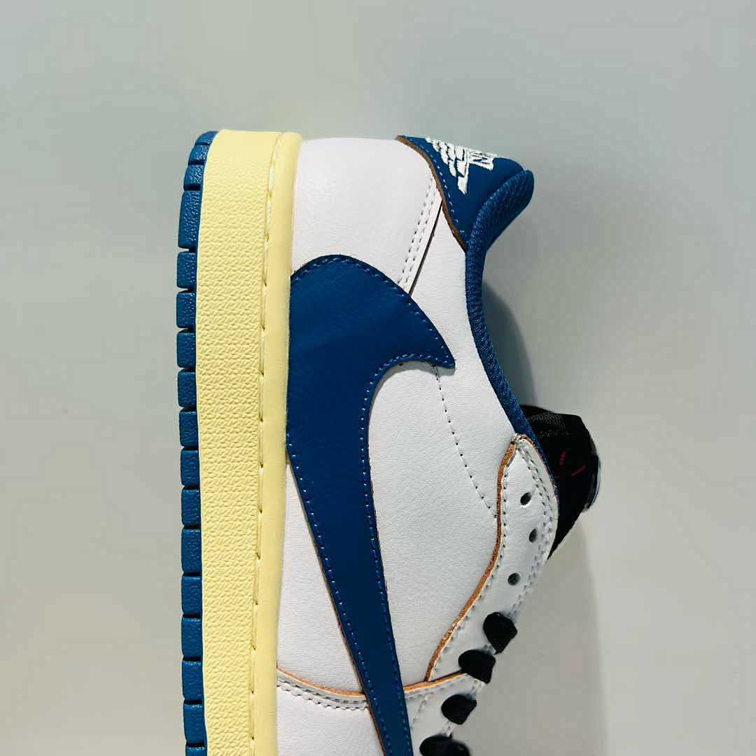 Travis Scott x Fragment x Air Jordan 1 Low OG SP "Military Blue" DM7866-140 Nike White Blue Sail Reverse Swoosh Cactus Jack Collaboration Sneakers Men's Women's Unisex