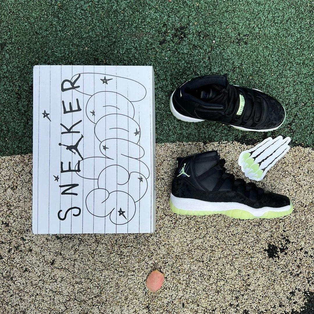 Air Jordan 11 Retro Black Green Glow Cracked Patent