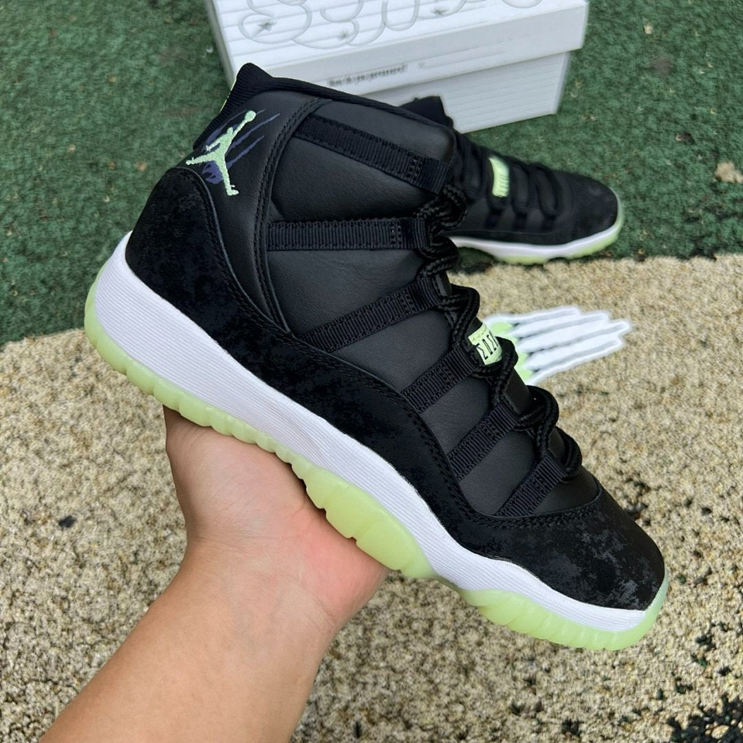 Air Jordan 11 Retro Black Green Glow Cracked Patent