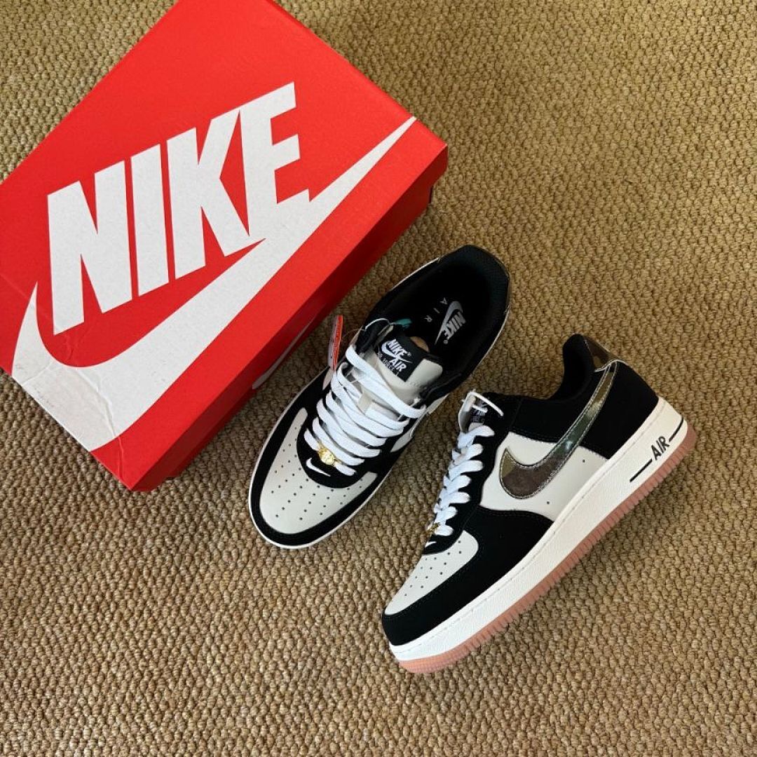 Nike Air Force 1 Low Black Sail Metallic Bronze Camo Heel Pink Gum Sole