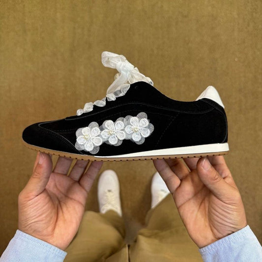 Chanel 22K Black Suede & Mesh Trainers with Pearl Flowers G38749