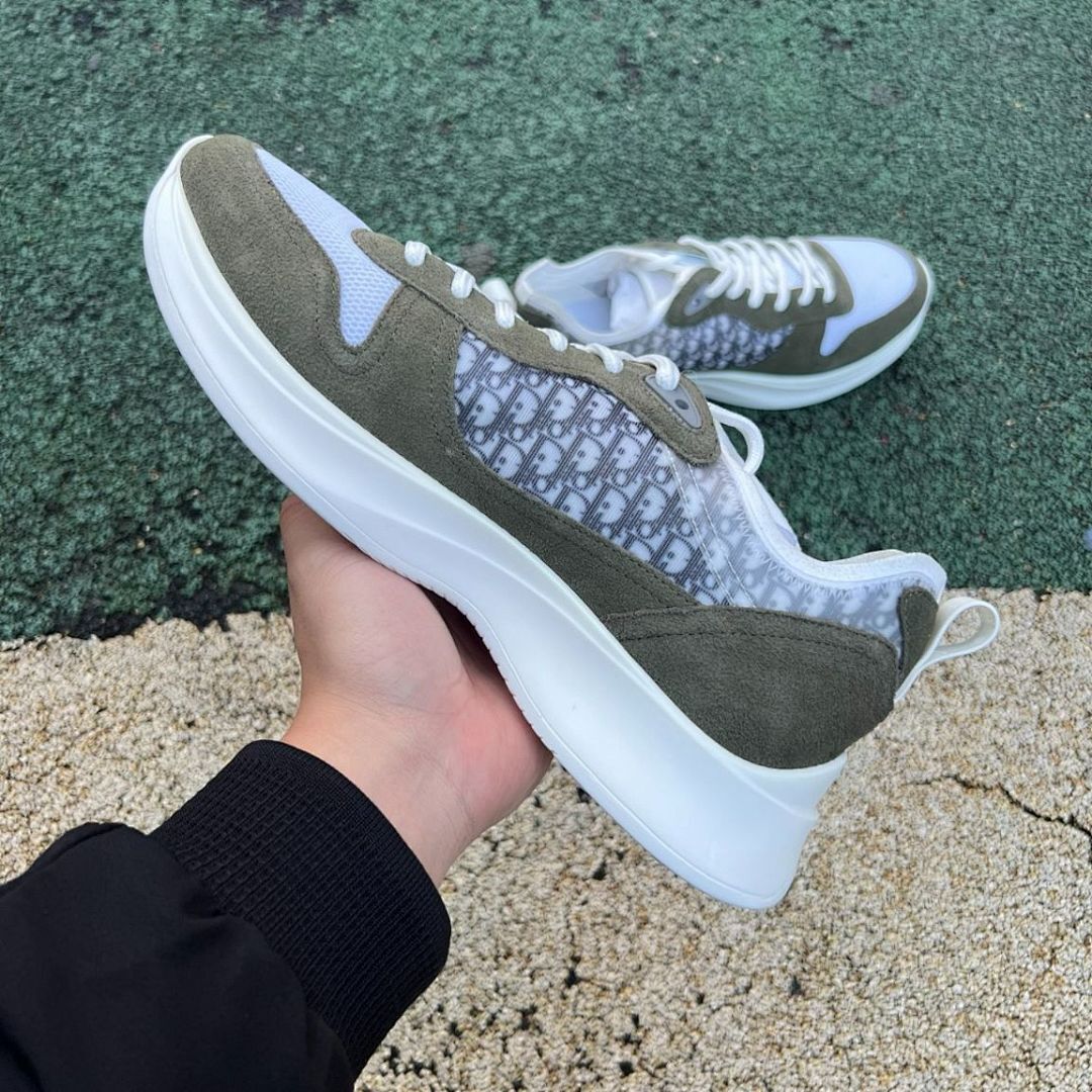Dior Vibe Sneaker Khaki Suede, White Mesh and Gray Dior Oblique Motif