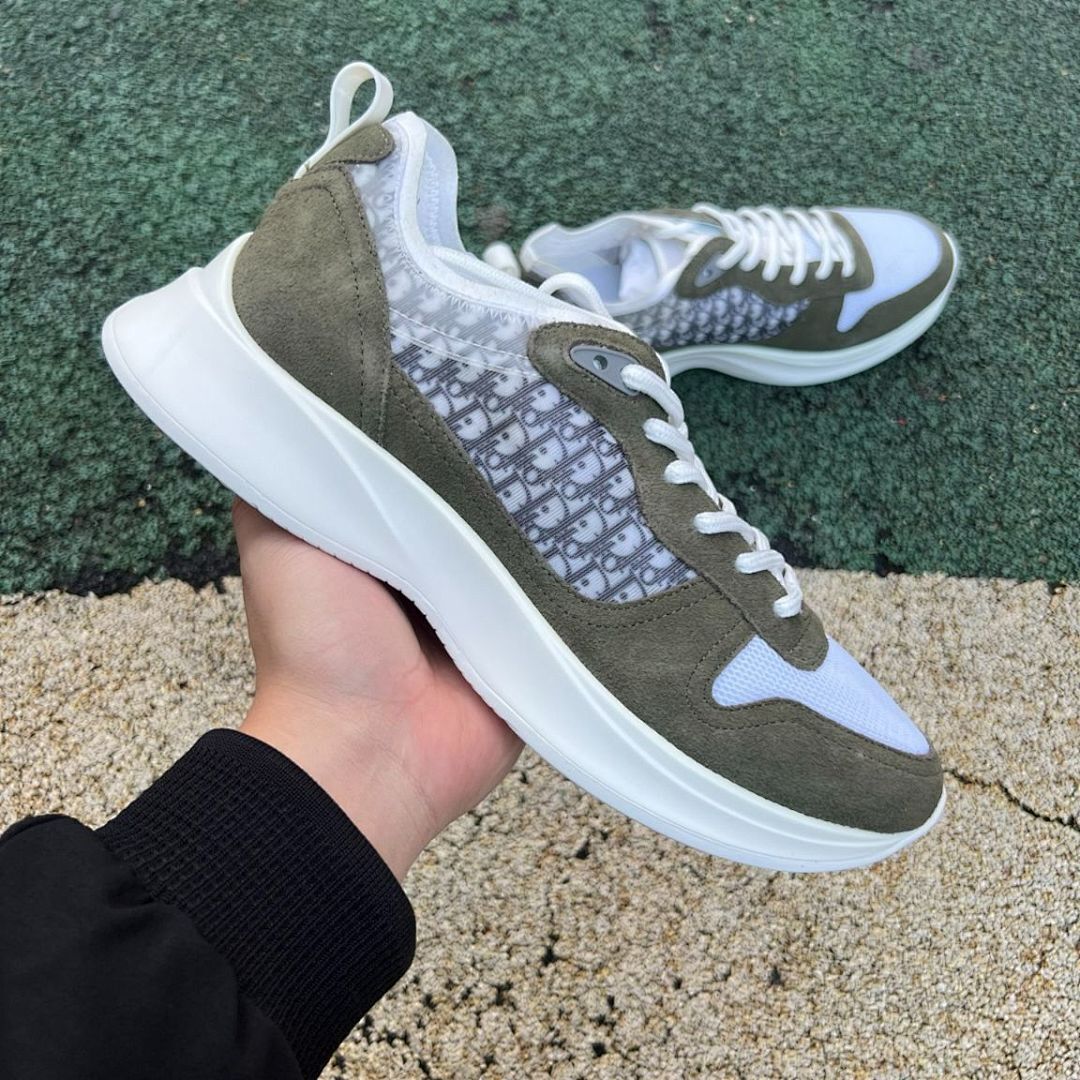 Dior Vibe Sneaker Khaki Suede, White Mesh and Gray Dior Oblique Motif