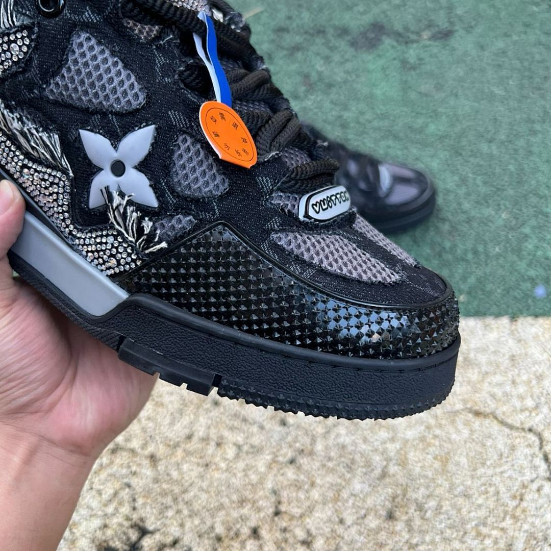 Louis Vuitton LV Trainer Sneaker Black Crystal Embellished Distressed Monogram Mesh