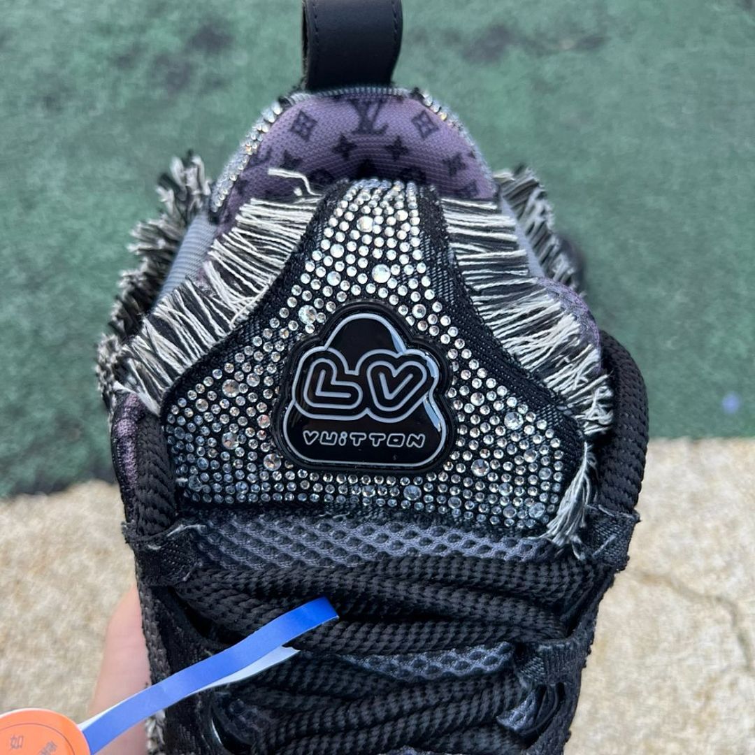 Louis Vuitton LV Trainer Sneaker Black Crystal Embellished Distressed Monogram Mesh