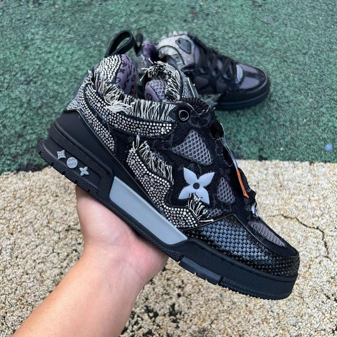 Louis Vuitton LV Trainer Sneaker Black Crystal Embellished Distressed Monogram Mesh