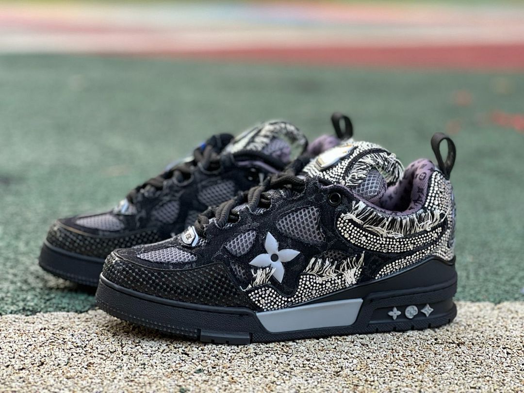 Louis Vuitton LV Trainer Sneaker Black Crystal Embellished Distressed Monogram Mesh