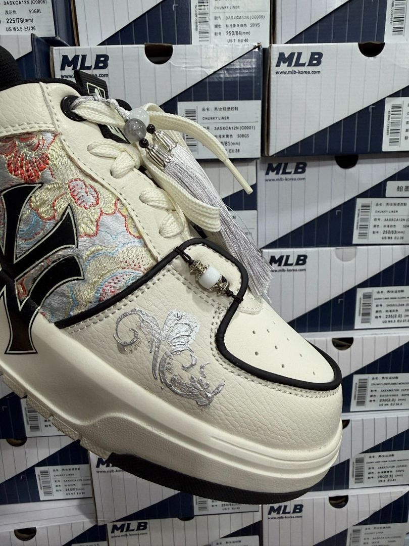 MLB New York Yankees Chunky Liner Platform Sneakers 3ASXCA12N C0006 Cream Off-White Embroidered Floral Dragon Tassel Trainers