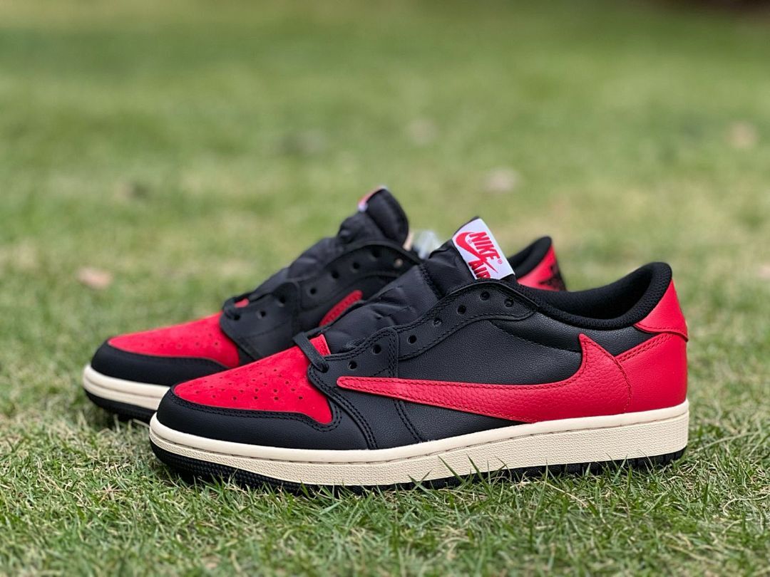 Nike Air Jordan 1 Low OG SP Travis Scott 'Bred' F&F Black Red Sail Reverse Swoosh Sneakers