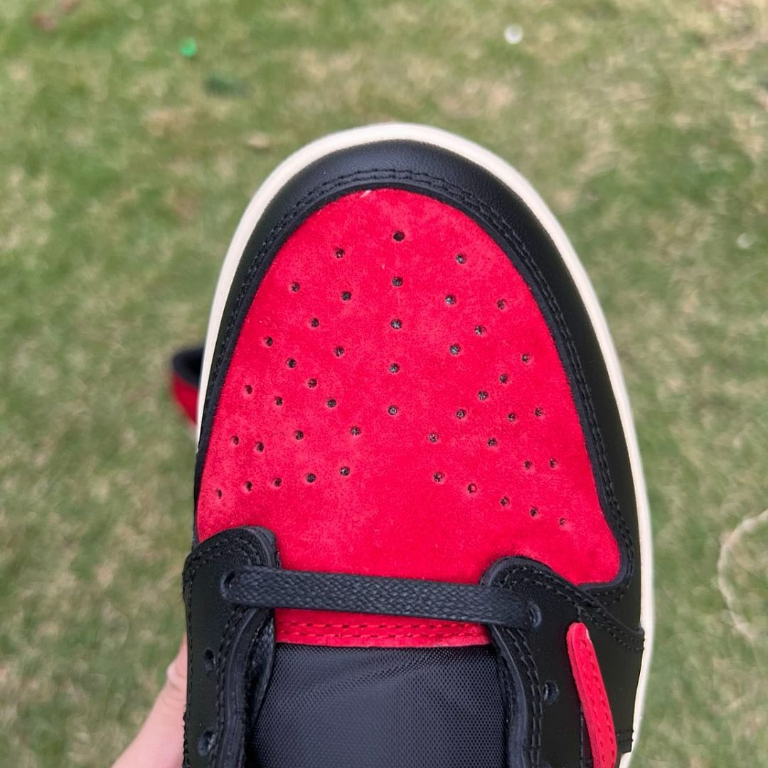 Nike Air Jordan 1 Low OG SP Travis Scott 'Bred' F&F Black Red Sail Reverse Swoosh Sneakers