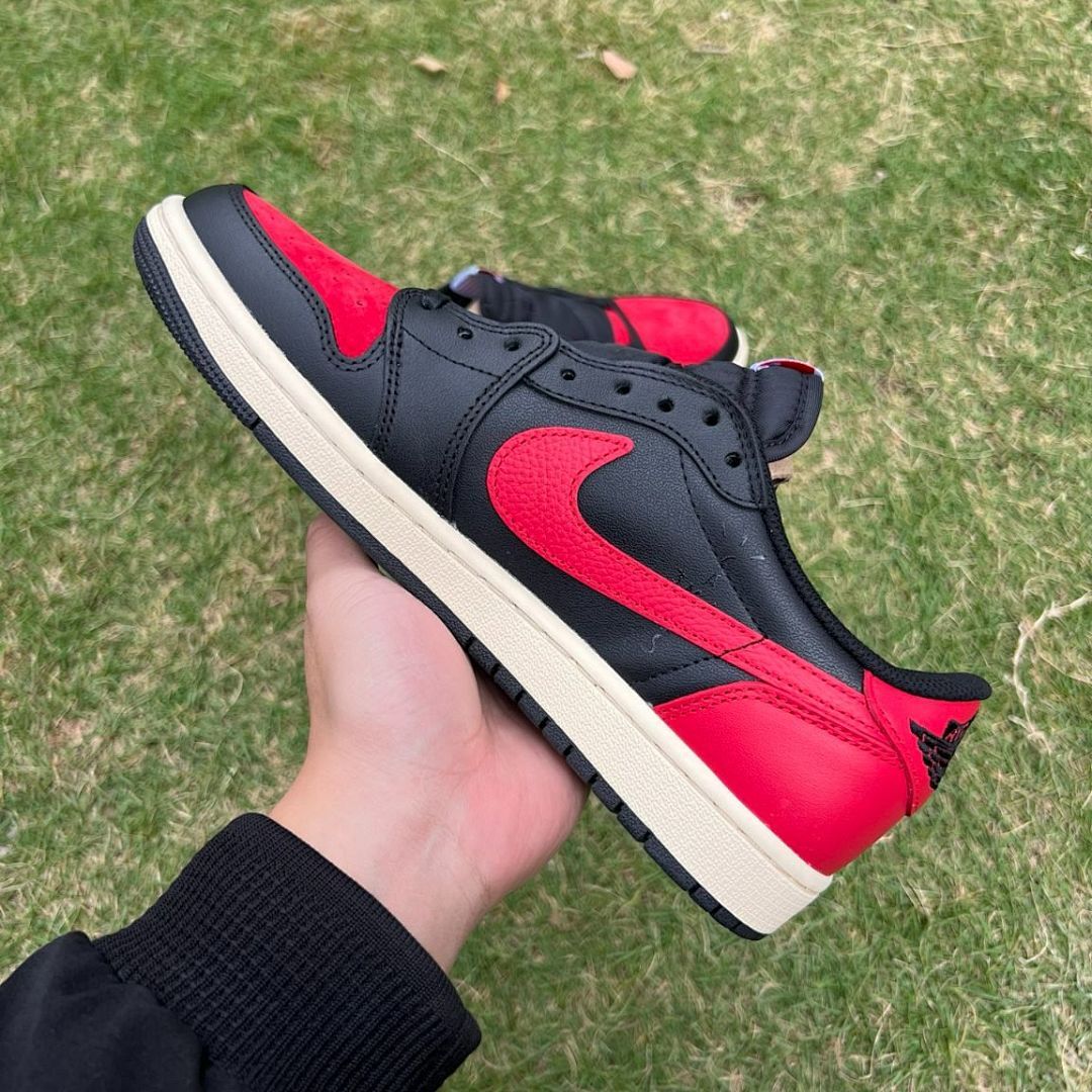 Nike Air Jordan 1 Low OG SP Travis Scott 'Bred' F&F Black Red Sail Reverse Swoosh Sneakers