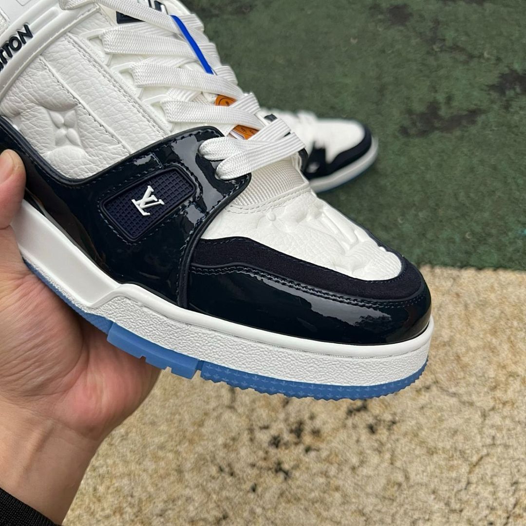 Louis Vuitton LV Trainer Sneakers White Navy Blue Monogram Embossed Transparent Blue Sole Luxury Designer Shoes Men Women Fashion Footwear