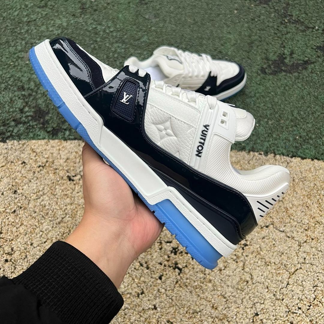 Louis Vuitton LV Trainer Sneakers White Navy Blue Monogram Embossed Transparent Blue Sole Luxury Designer Shoes Men Women Fashion Footwear