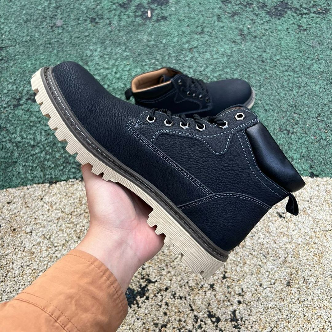 Men's Black Rugged Fashion Ankle Boots Lace-Up Outdoor Style Tan Sole FBK001