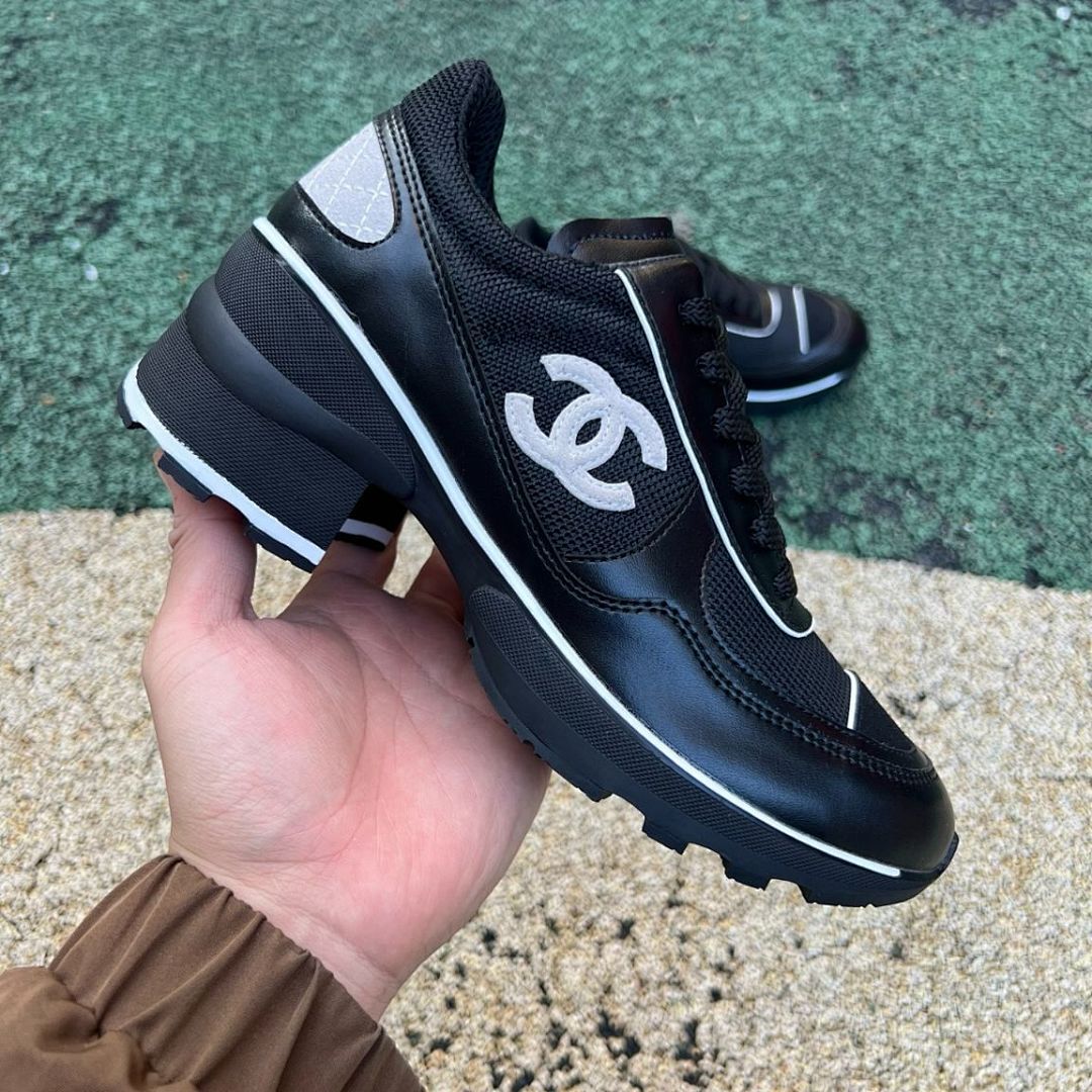 Chanel Black Platform Trainers Women's Chunky Heel Sneakers Leather Mesh G37136