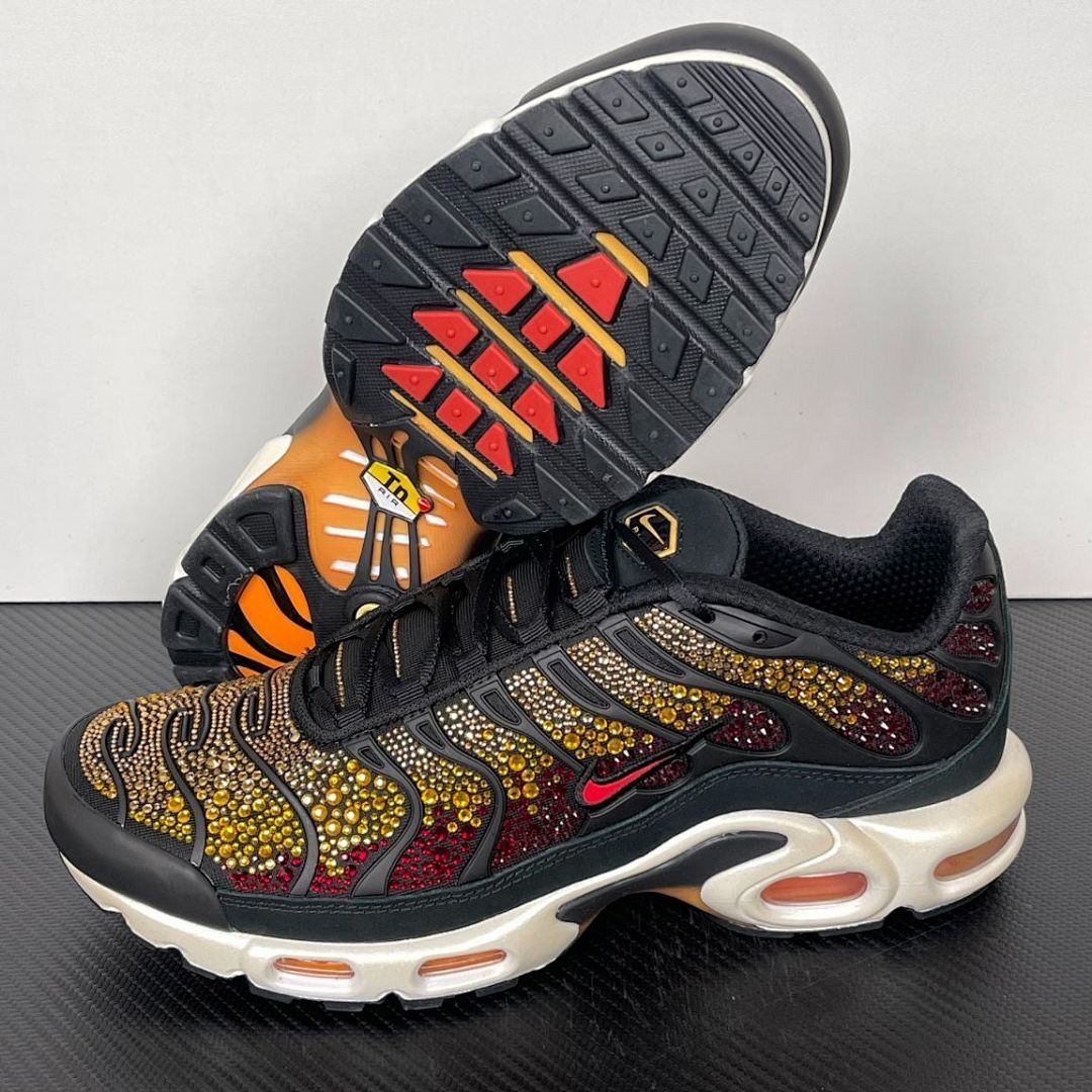 Nike Air Max Plus TN Custom Rhinestone Bling Black Red Gold Sneakers