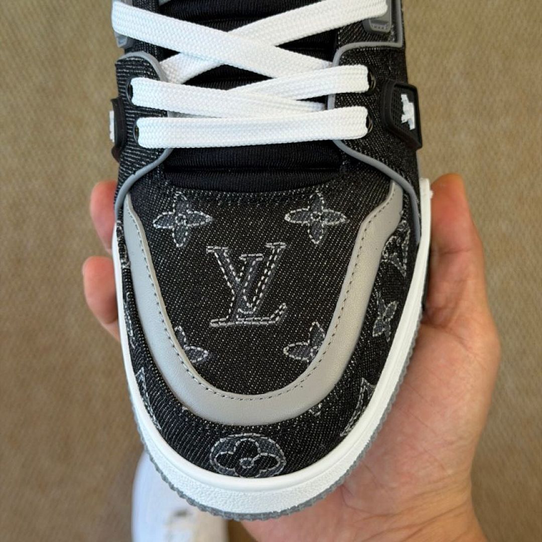 Louis Vuitton LV Trainer Sneaker Black Grey Washed Monogram Denim 1AAG10