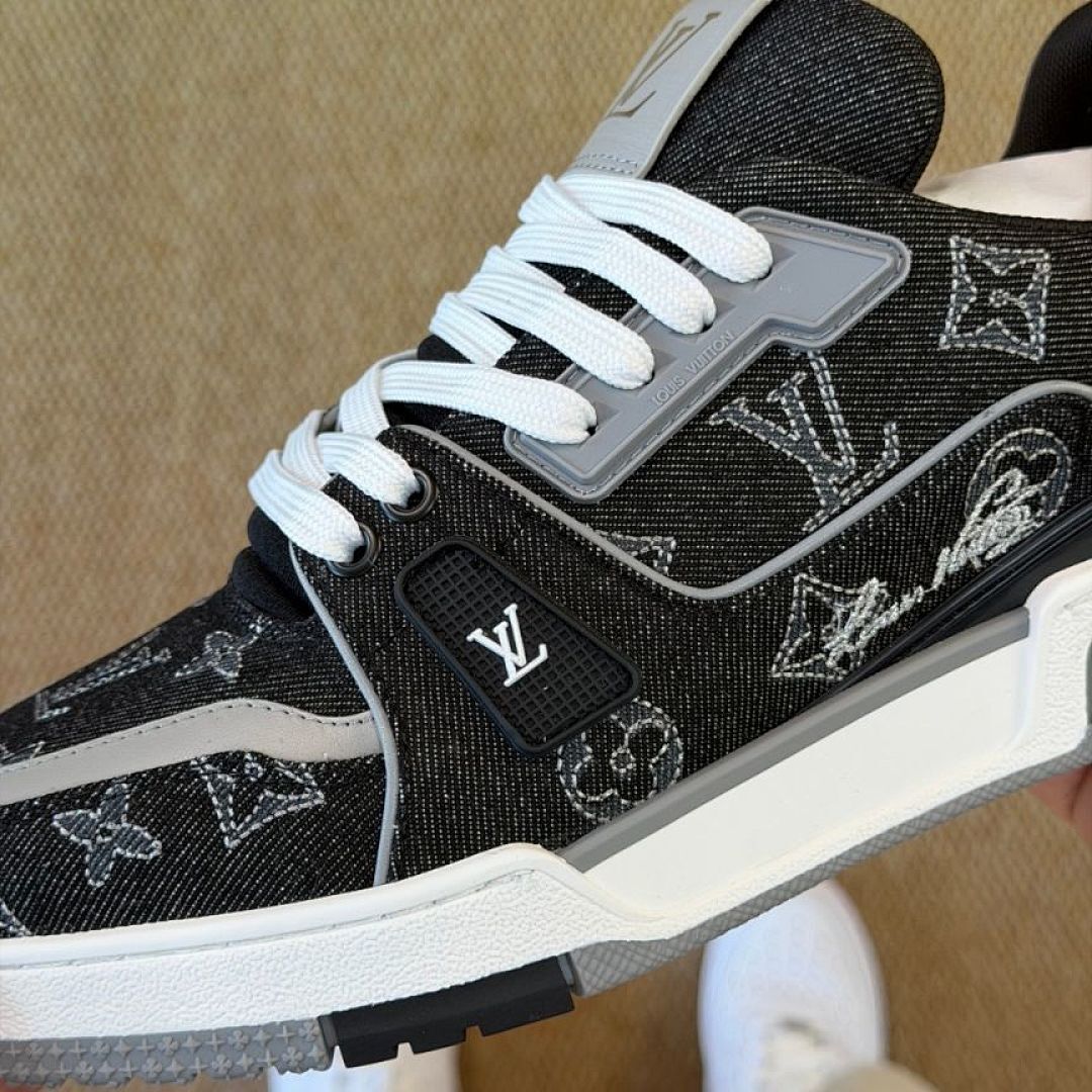 Louis Vuitton LV Trainer Sneaker Black Grey Washed Monogram Denim 1AAG10