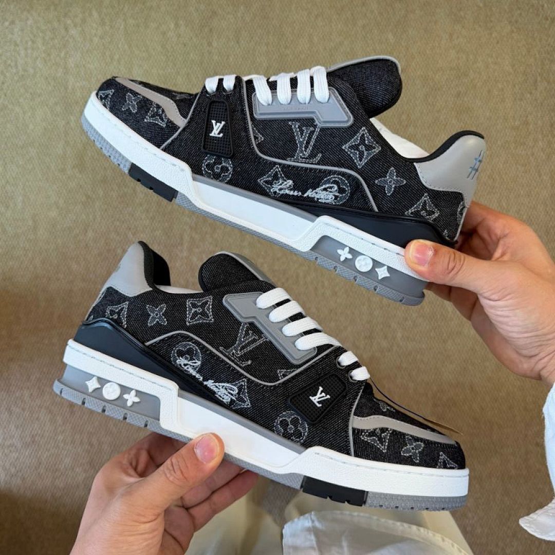 Louis Vuitton LV Trainer Sneaker Black Grey Washed Monogram Denim 1AAG10