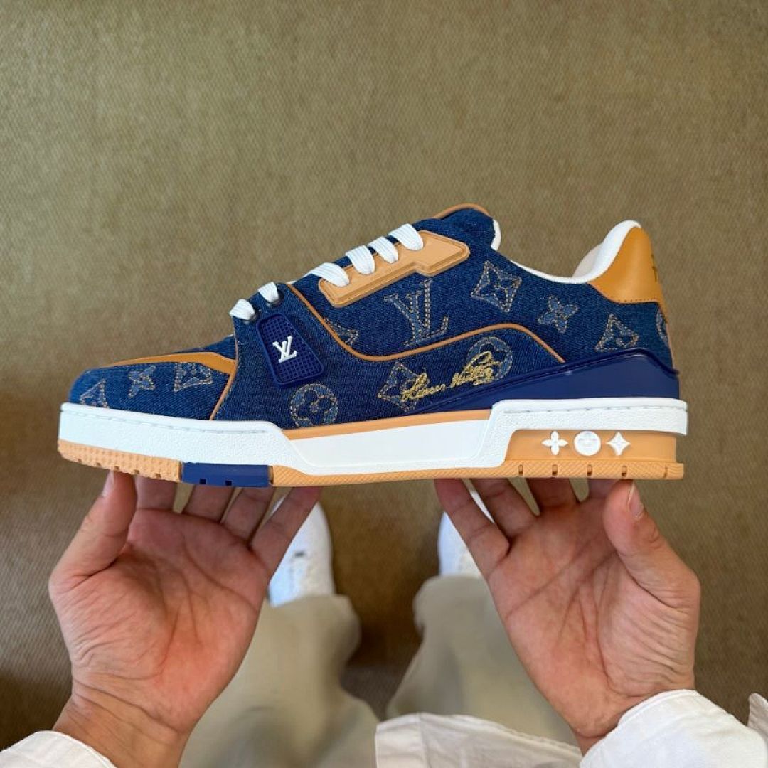 Louis Vuitton LV Trainer Sneaker Blue Monogram Denim with Natural Leather Trim